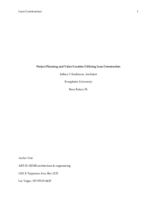 (PDF) Project Planning and Value Creation Utilizing Lean Construction