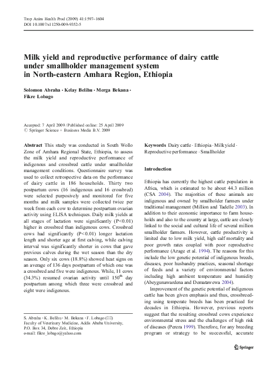 Milk yield and reproductive performance of dairy cattle under smallholder management system in North-eastern Amhara Region, Ethiopia