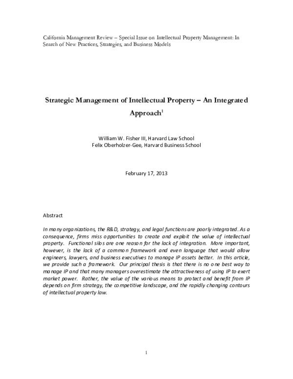 (PDF) Strategic Management of Intellectual Property: An Integrated Approach