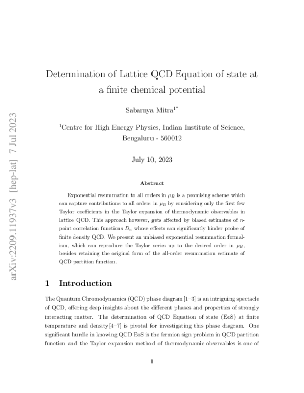 (PDF) Determination of Lattice QCD Equation of state at a finite ...