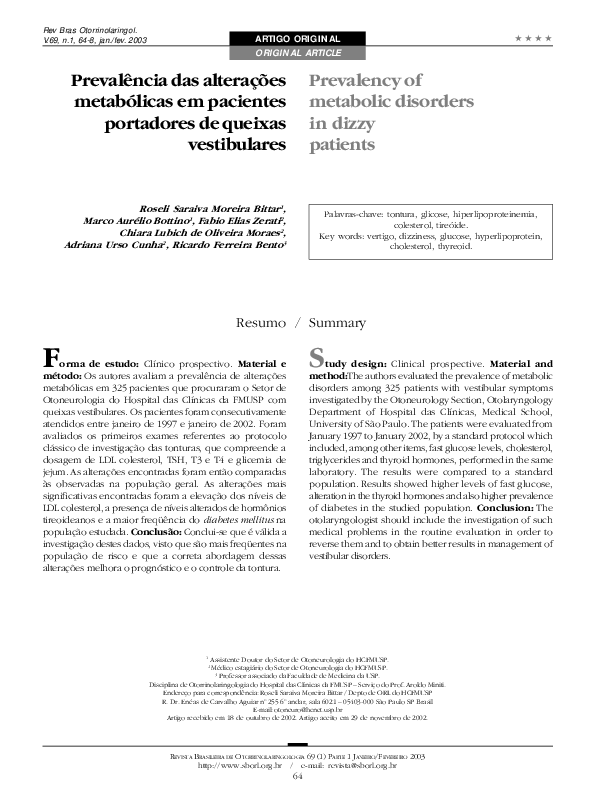 Prevalência das alterações metabólicas em pacientes portadores de queixas vestibulares