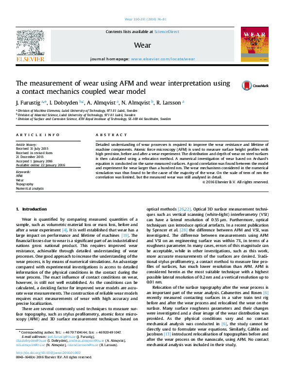 (PDF) The measurement of wear using AFM and wear interpretation using a ...