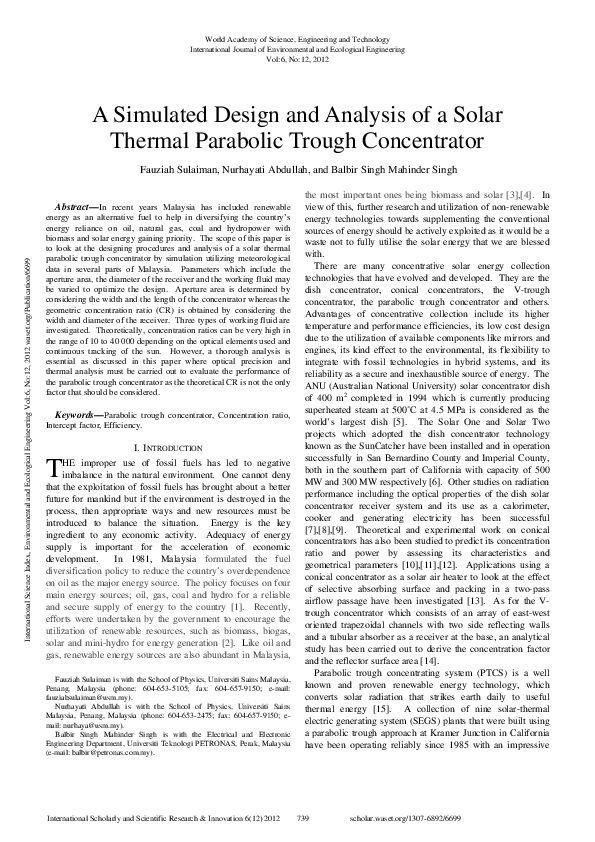 (PDF) A Simulated Design and Analysis of a Solar Thermal Parabolic ...