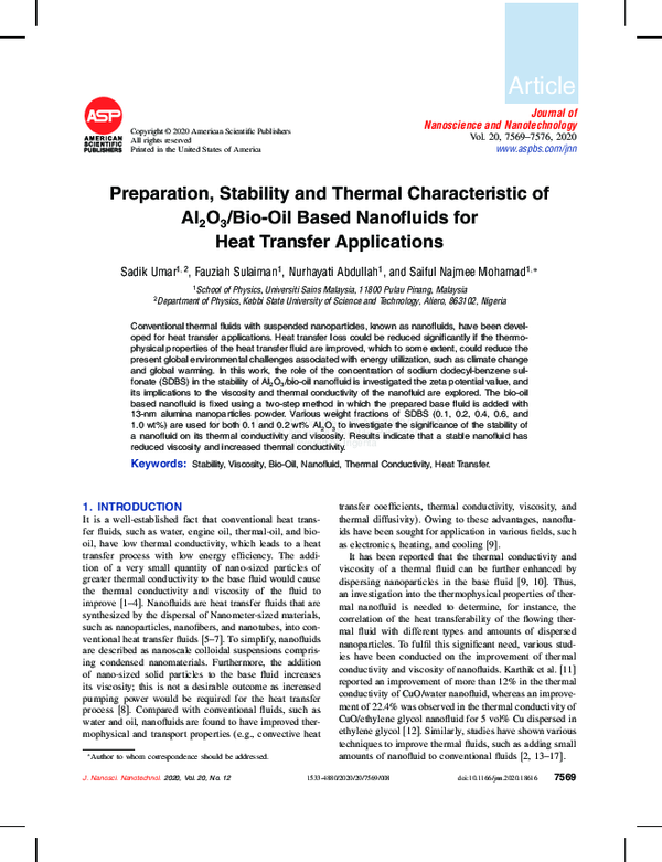 (PDF) Preparation, Stability and Thermal Characteristic of Al2O3/Bio ...
