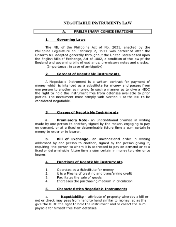 (DOC) NEGOTIABLE INSTRUMENTS LAW
