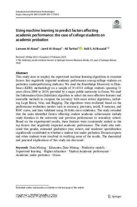 (PDF) Using machine learning to predict factors affecting academic ...