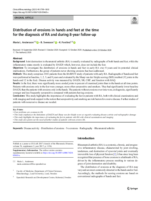 (PDF) Distribution of erosions in hands and feet at the time for the ...