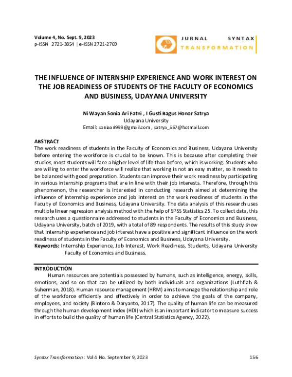 (PDF) The Influence of Internship Experience and Work Interest on the ...