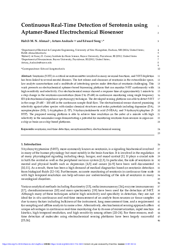 (PDF) Continuous Real-Time Detection of Serotonin using Aptamer-Based ...