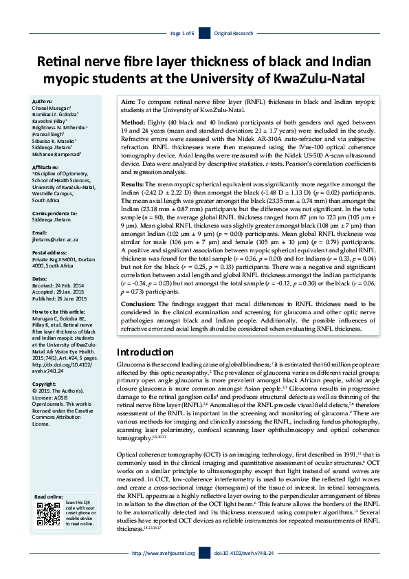 (PDF) Retinal nerve fibre layer thickness of black and Indian myopic ...
