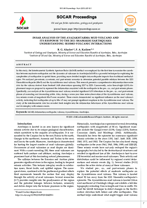 (PDF) INSAR ANALYSIS OF THE AYAZAKHTARMA MUD VOLCANO AND ITS RESPONSE ...
