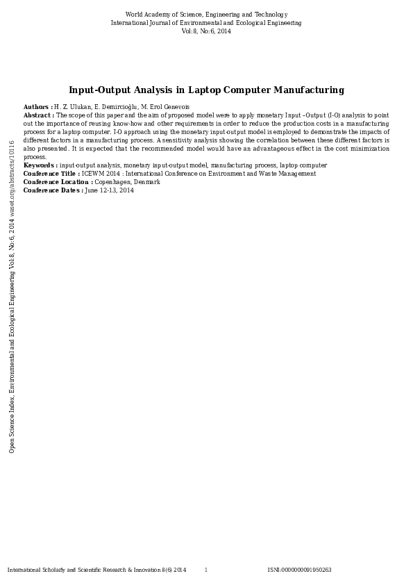 (PDF) Input-Output Analysis in Laptop Computer Manufacturing