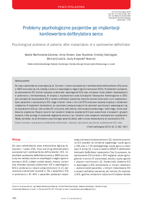 (PDF) Problemy psychologiczne pacjentów po implantacji kardiowertera