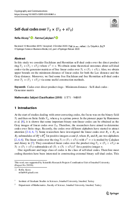 (PDF) Self-dual codes over $\mathbb {F}_{2} \times (\mathbb {F}_{2}+v ...