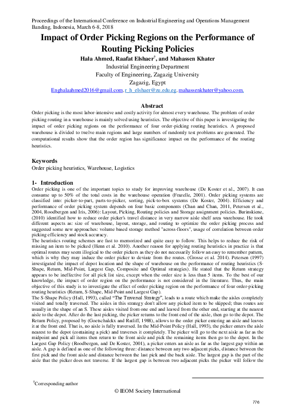 (PDF) Impact of Order Picking Regions on the Performance of Routing ...