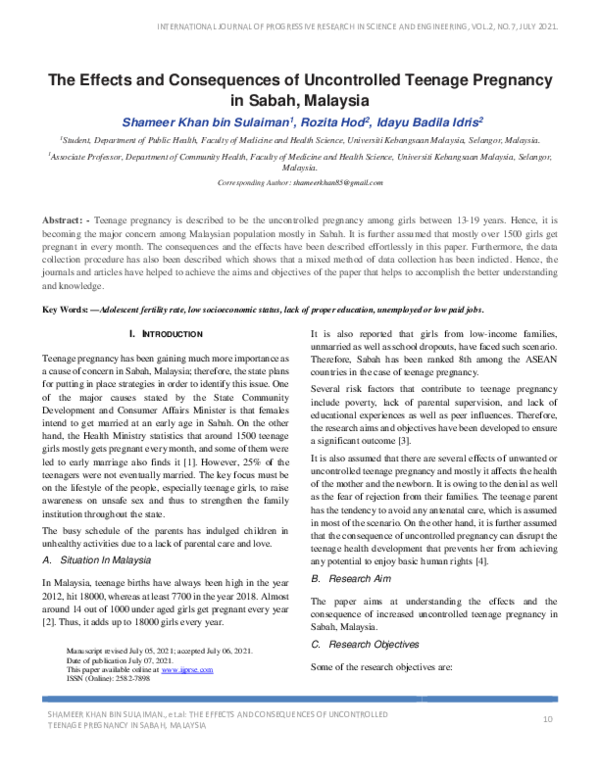 (PDF) The Effects and Consequences of Uncontrolled Teenage Pregnancy in ...