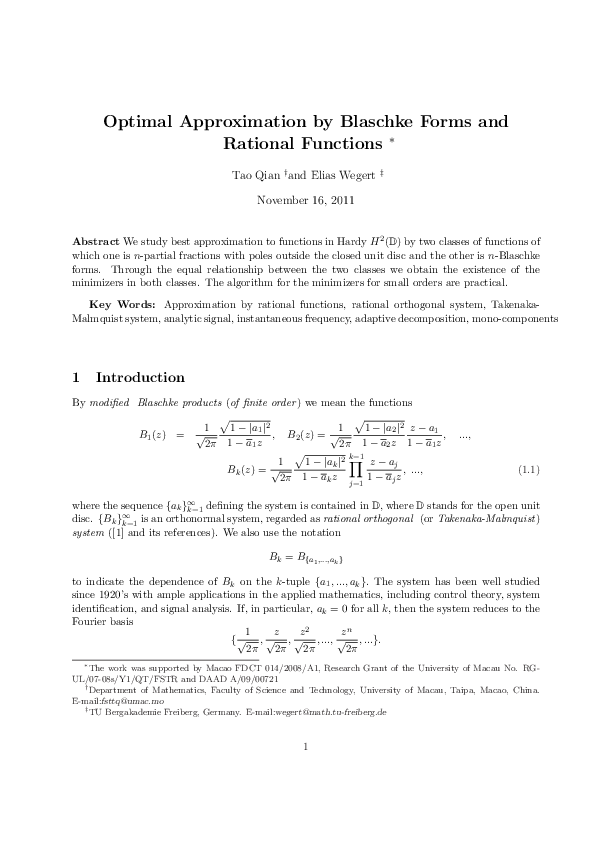 (PDF) Optimal Approximation by Blaschke Forms and Rational Functions