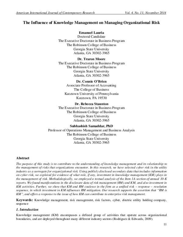 (PDF) The Influence of Knowledge Management on Managing Organizational Risk