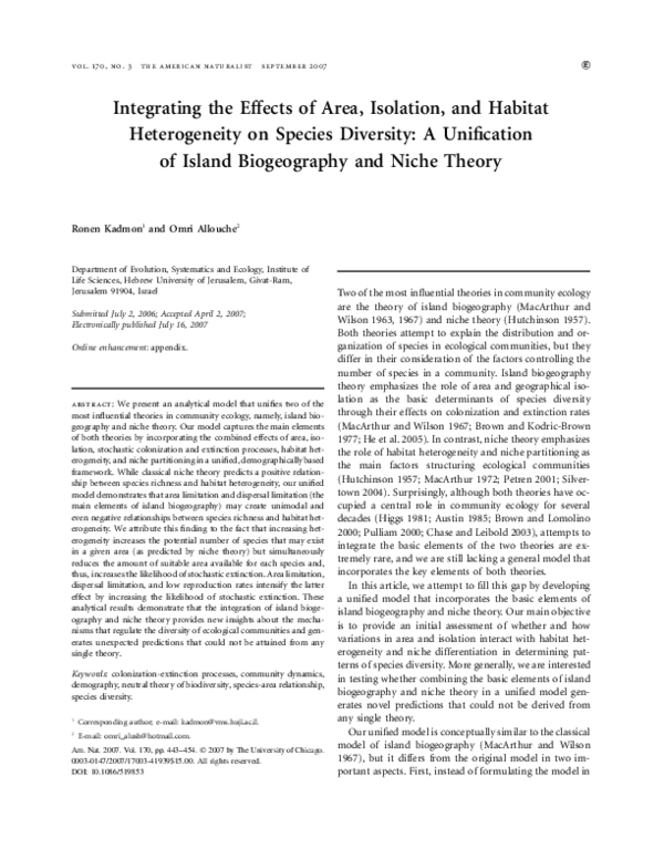 (PDF) Integrating the Effects of Area, Isolation, and Habitat ...