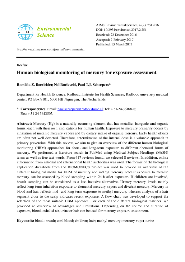 (PDF) Human biological monitoring of mercury for exposure assessment