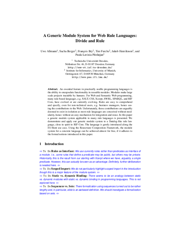 (PDF) A Generic Module System for Web Rule Languages: Divide and Rule
