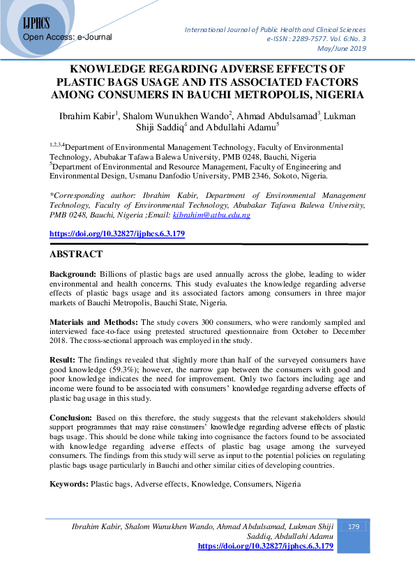 (PDF) Knowledge Regarding Adverse Effects of Plastic Bags Usage and Its