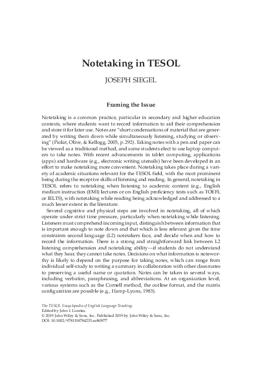 (PDF) Notetaking in TESOL