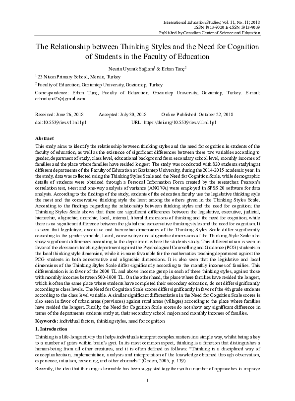 (PDF) The Relationship between Thinking Styles and the Need for ...