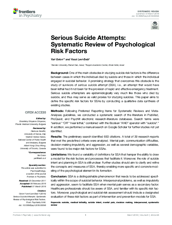 (PDF) Serious Suicide Attempts: Systematic Review of Psychological Risk ...