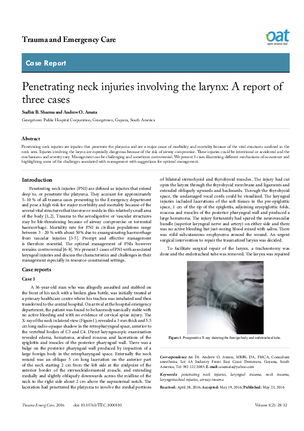 (PDF) Penetrating neck injuries involving the larynx: A report of three ...