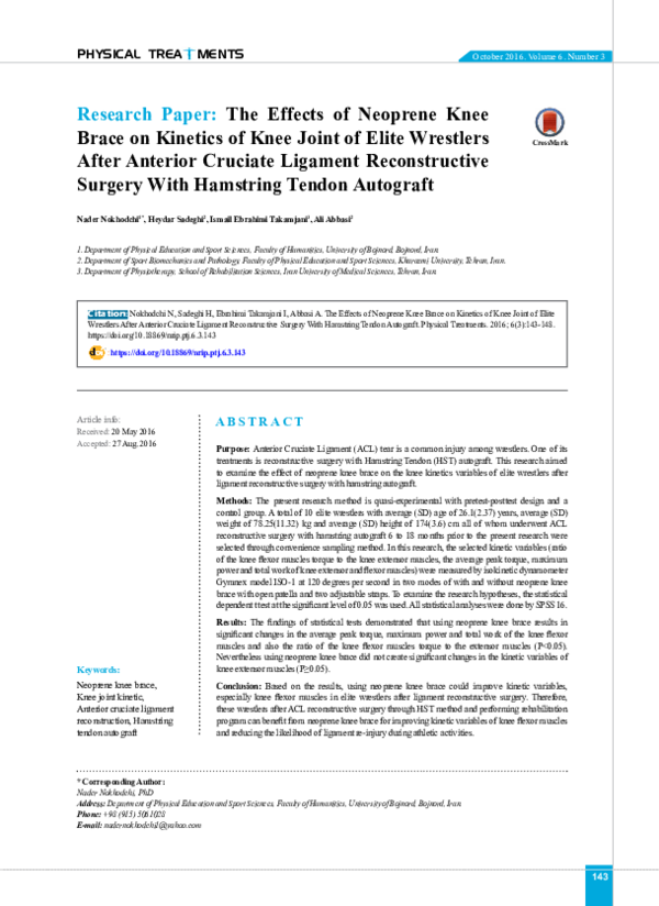 (PDF) The Effects of Neoprene Knee Brace on of Knee Joint of