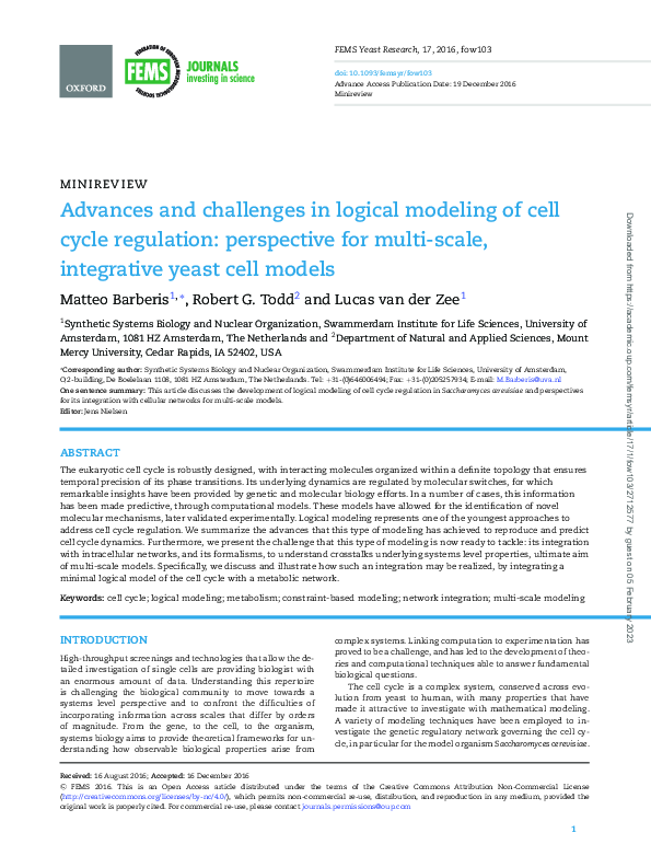 (PDF) Advances and challenges in logical modeling of cell cycle ...