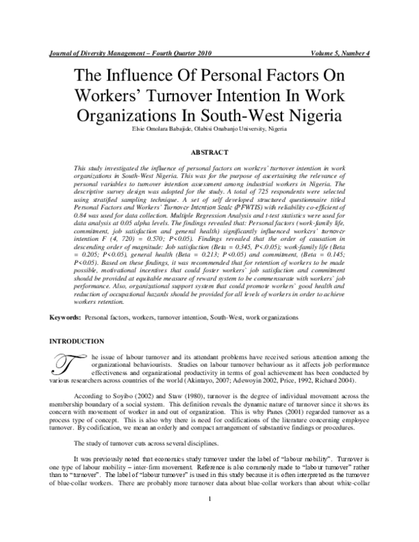 (PDF) The Influence Of Personal Factors On Workers Turnover Intention ...