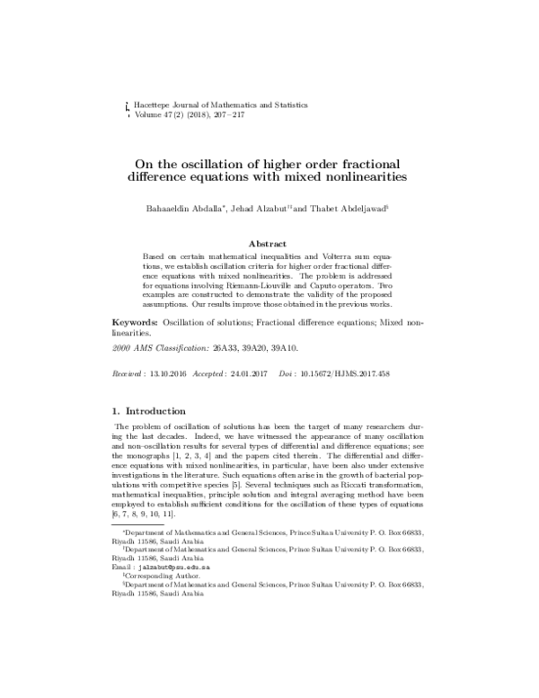 (PDF) On the oscillation of higher order fractional difference ...