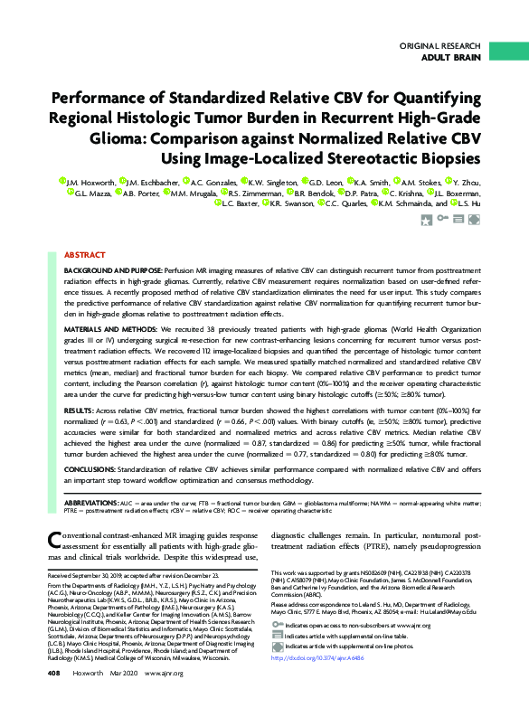 Performance of Standardized Relative CBV for Quantifying Regional Histologic Tumor Burden in Recurrent High-Grade Glioma: Comparison against Normalized Relative CBV Using Image-Localized Stereotactic Biopsies