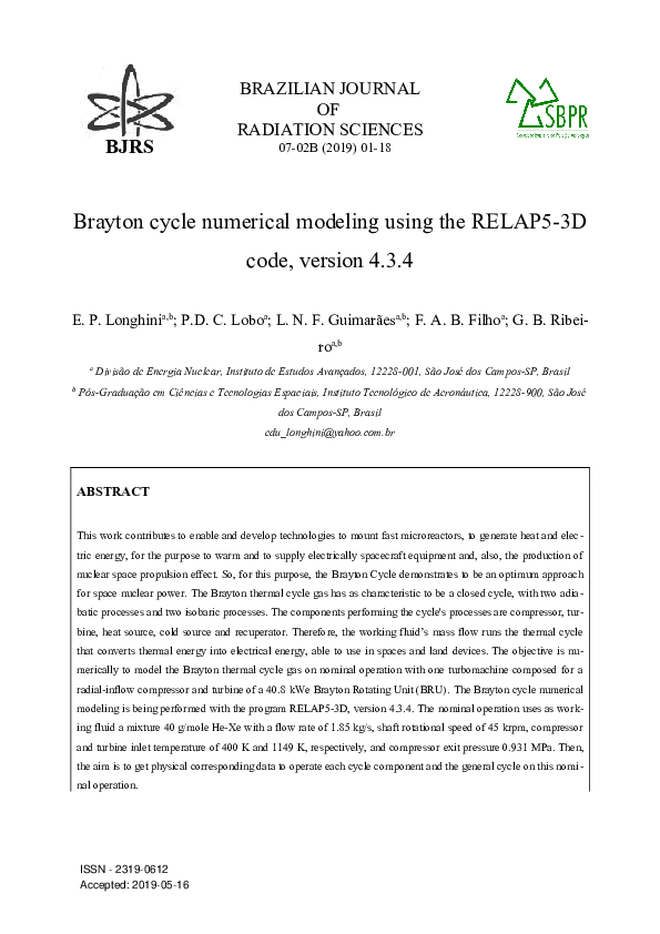 (PDF) Brayton cycle numerical modeling using the RELAP5-3D code ...