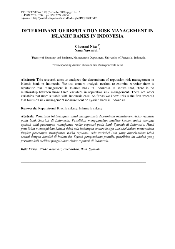 (PDF) Determinant of Reputation Risk Management in Islamic Banks in ...