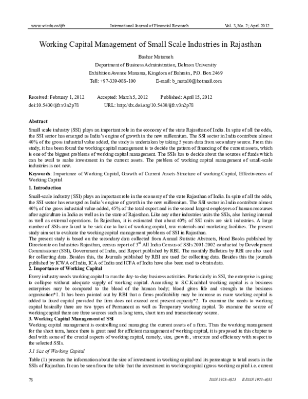 (PDF) Working Capital Management of Small Scale Industries in Rajasthan