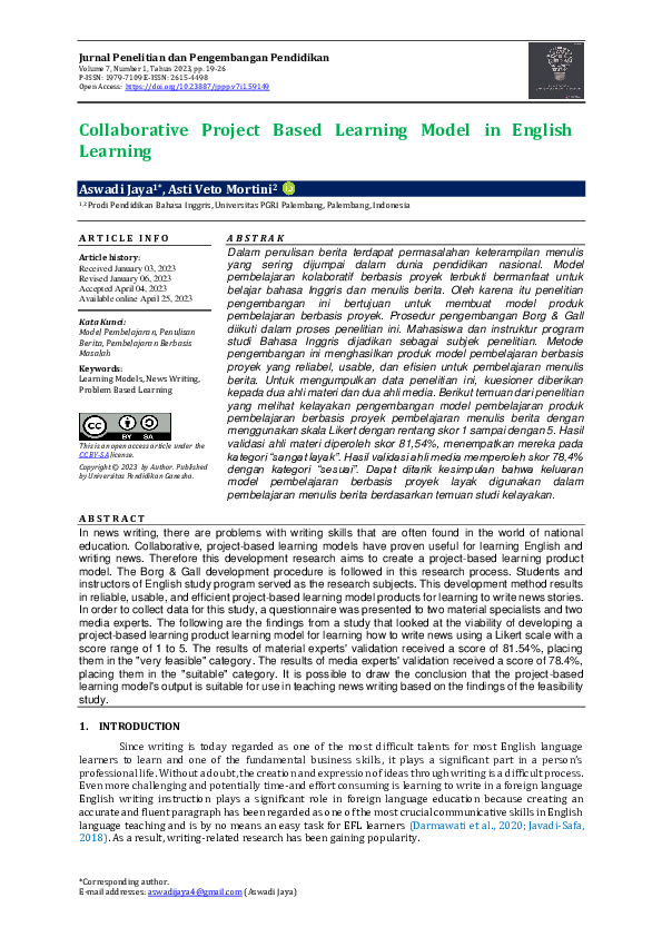(PDF) Collaborative Project Based Learning Model in English Learning