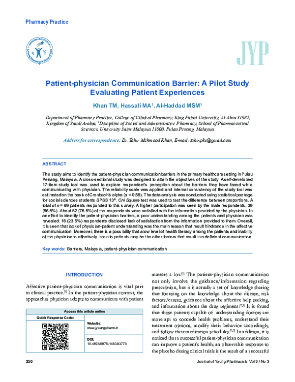 (PDF) Patient-physician Communication Barrier: A Pilot Study Evaluating ...
