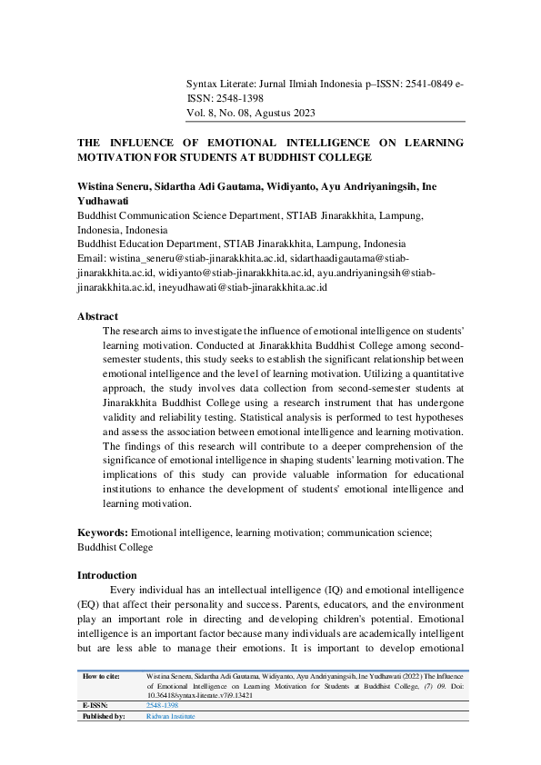 (PDF) The Influence of Emotional Intelligence on Learning Motivation ...