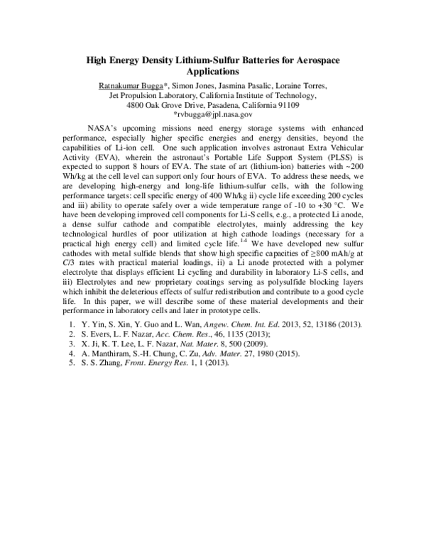 (PDF) High energy density Lithium-Sulfur batteries for aerospace ...