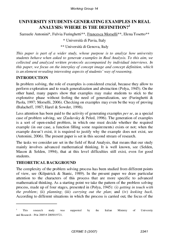 (PDF) University Students Generating Examples in Real Analysis: Where ...