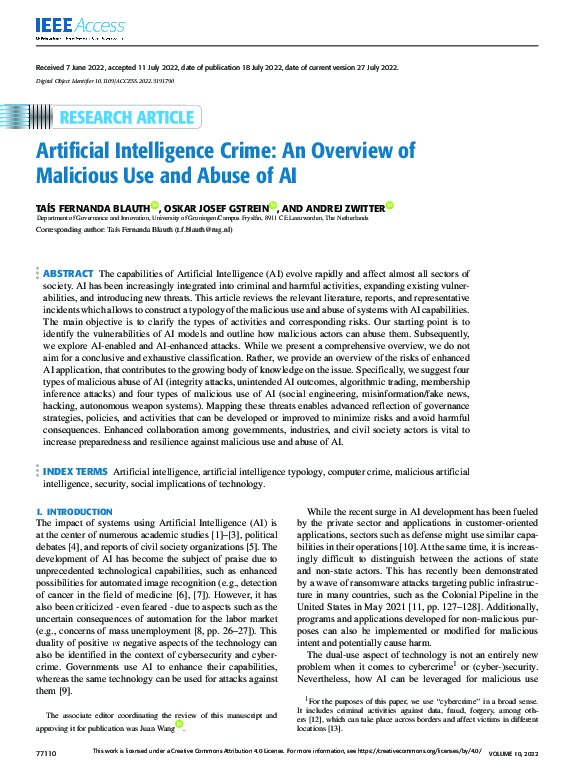 (PDF) Artificial Intelligence Crime: An Overview of Malicious Use and ...