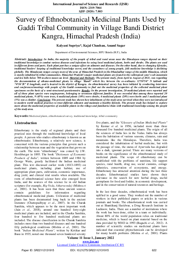 (PDF) Survey of Ethnobotanical Medicinal Plants Used by Gaddi Tribal ...
