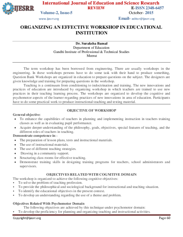 (PDF) Organizing an Effective Workshop in Educational Institution