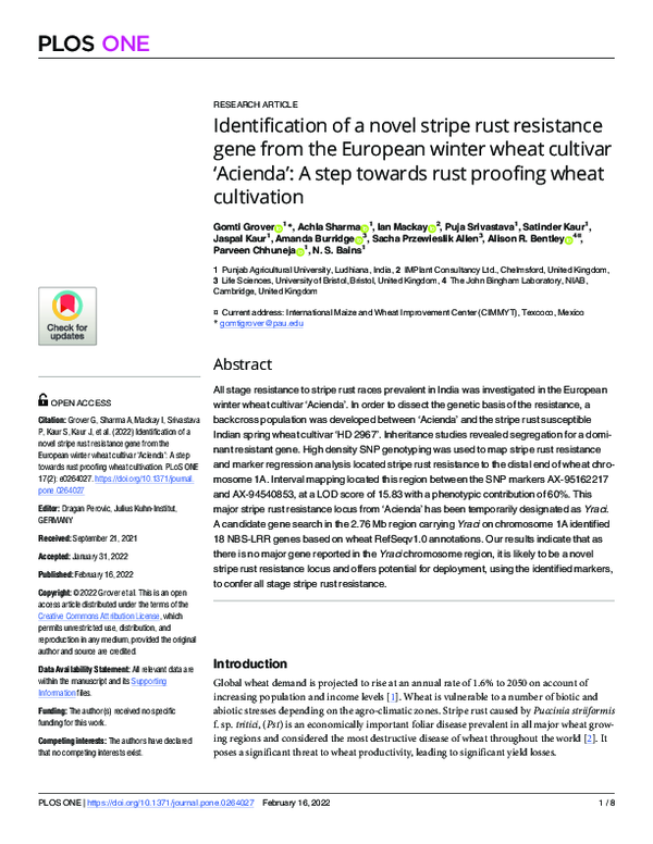 (PDF) Identification of a novel stripe rust resistance gene from the ...