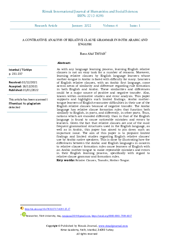 (PDF) A Contrastive Analysis of Relative Clause Grammar in Both Arabic ...