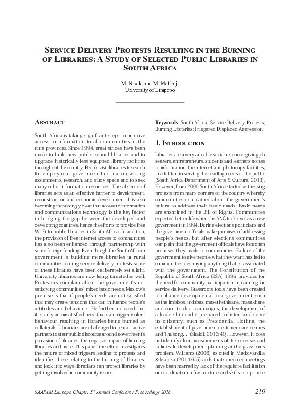(PDF) Service delivery protests resulting in the burning of libraries ...