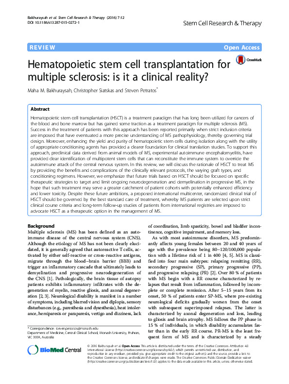 (PDF) Hematopoietic stem cell transplantation in multiple sclerosis